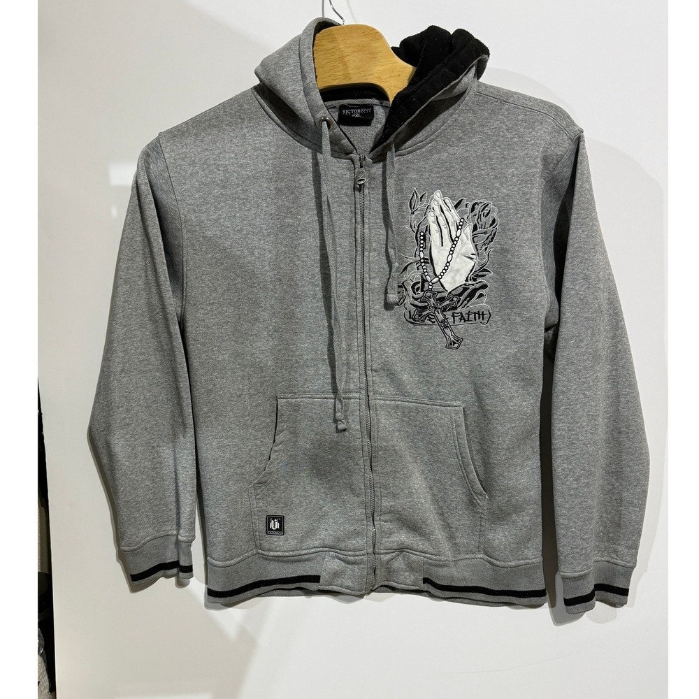 Victorious Zip Hoodie Mens 2XL Gray Praying Hands Faith Rhinestone Streetwear